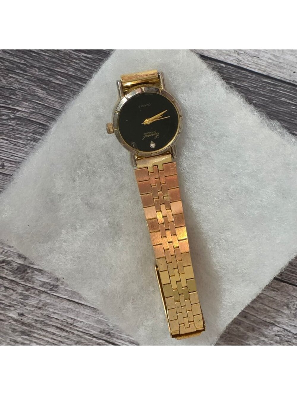 Vintage Eurotech Diamond Quartz Gold-Tone Watch With Black Dial & Stainless Stee